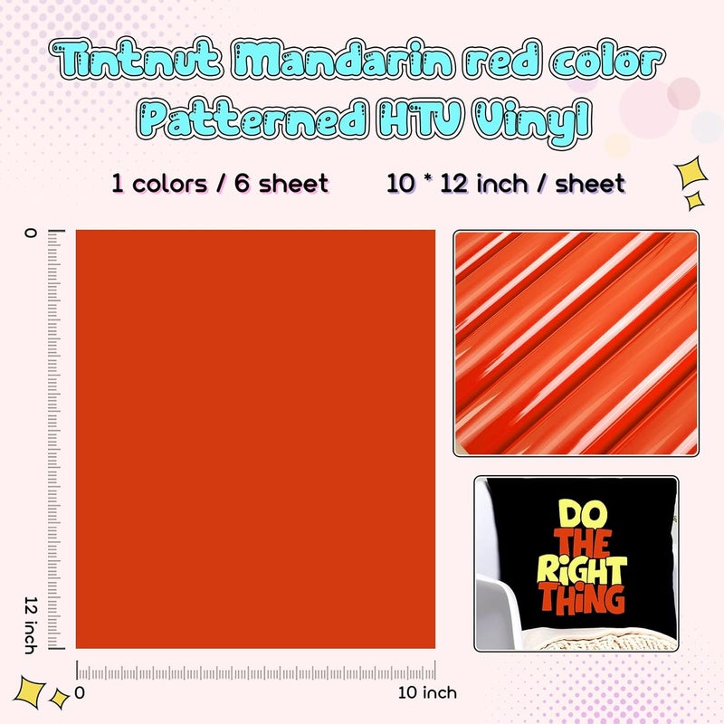 Tintnut Mandarin Red Color Heat Transfer Vinyl -6 Sheets 12"x10" Bright Color Iron on Vinyl for T-Shirts Clothing Bags HTV Vinyl for All Cutting Machine - Image 2